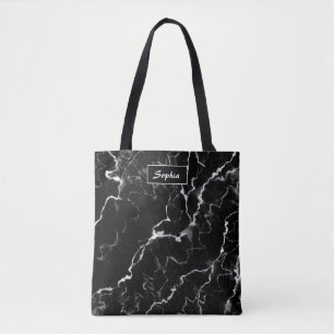 Tote Bag Texture de faux marbre noir avec nom personnalisé