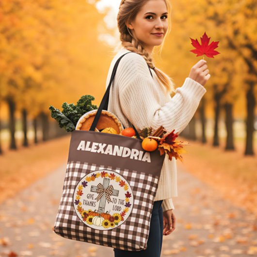 Tote Bag Thanksgiving Give Thanks To The Lord Brown Plaid