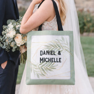 Tote Bag Thème botanique de mariage moderne or noir arqué