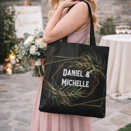 Tote Bag Thème botanique de mariage moderne or noir arqué