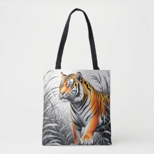 Tote Bag Tiger Art Color Partiel noir blanc dessin