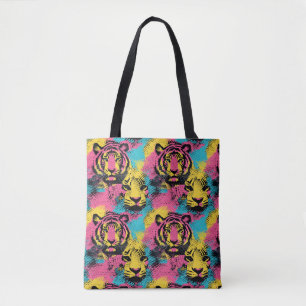 Tote Bag Tiger Pop Art Motif en rose, jaune et bleu