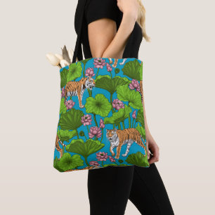 Tote Bag Tigres dans l'étang de lotus rose