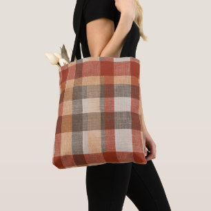 Tote Bag Tissu à carreaux automne chaud en rouille et beige