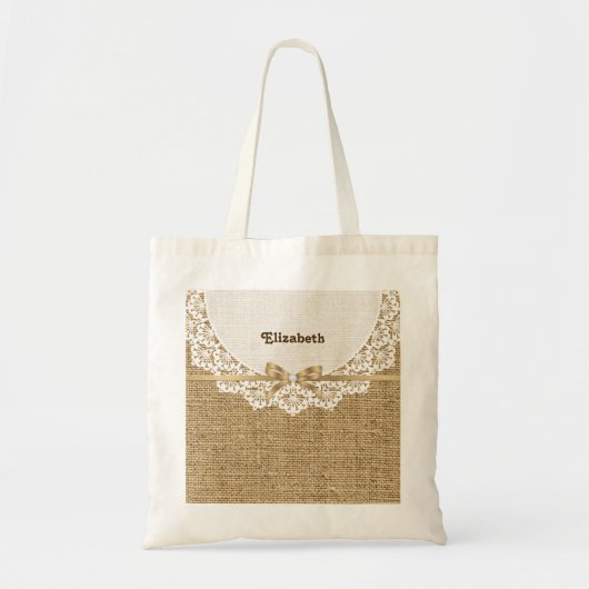 Tote Bag Toile blanche avec dentelle et lin naturel burlap (Devant)