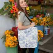 Tote Bag Toile Bleue de Jouy Élégant Monogramme de Style Fr