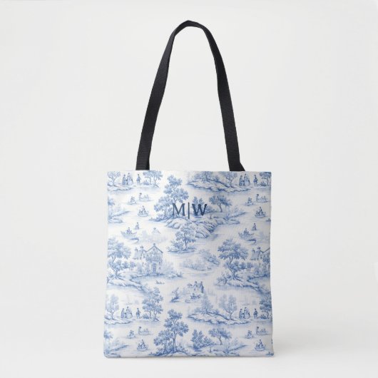 Tote Bag Toile Bleue de Jouy Élégant Monogramme de Style Fr (Devant)