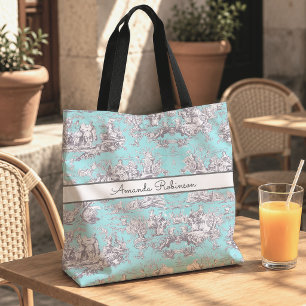 Tote Bag Toile de Jouy aqua bleu floral vintage monogramme