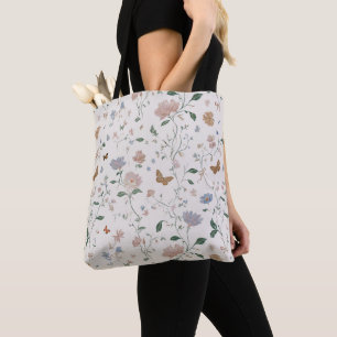 Tote Bag Toile-De-Jouy Élégante de Fleur Sauvage et Papillo