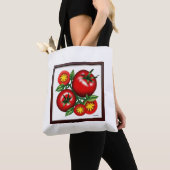 Tote Bag tomate design rouge et vert (De près)