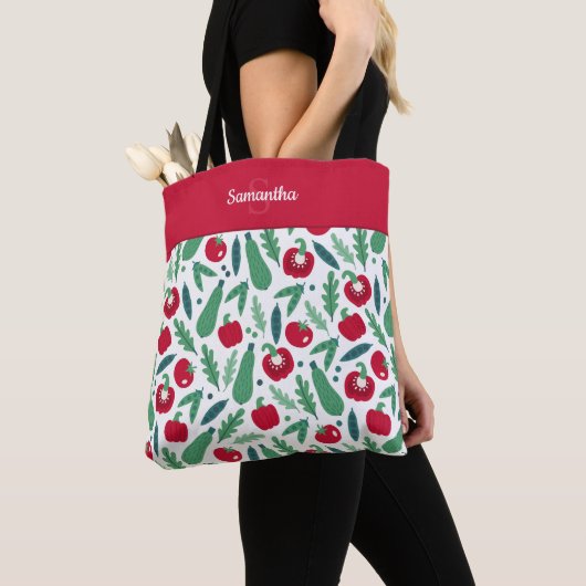 Tote Bag Tomate et concombre Motif végétal w Nom Rouge (De près)