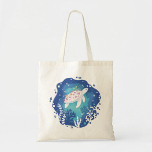 Tote Bag Tortue avec coraux dans l'art du papier océanique
