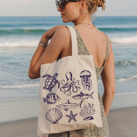 Tote Bag Tortue de plage d'été Poisson Requin Octopus Coqui