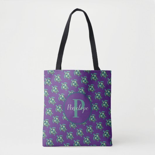 Tote Bag Tortues de mer vertes Motif sur violet avec Monogr (Devant)