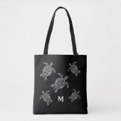Tote Bag Tortues Noir Blanc Côtier Maritime Monogramme (Devant)
