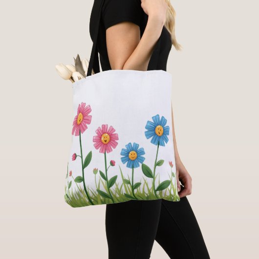 Tote Bag Tote -Flower Design with smiley face (De près)