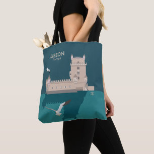 Tote Bag Tour de Belem de Lisbonne dans le style poster vin