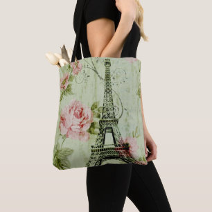 Tote Bag tour de l' eiffel de paris à fleurs roses de prin