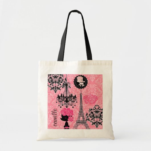 Tote Bag Tour Eiffel, chiot et damassé Girly français (Devant)