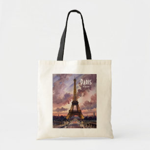 Tote Bag Tour Eiffel de Paris Crépuscule Aquarelle Texte pe