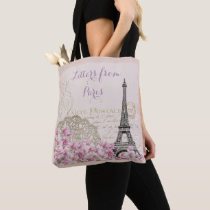 TOTE BAG TOUR EIFFEL DE PARIS, LETTRES ROMANTIQUES FLORALES