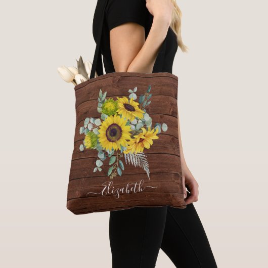 Tote Bag Tournesol floral aquarelle en bois rustique (De près)