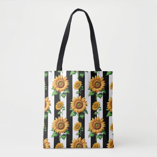 Tote Bag Tournesol Floral noir blanc rayures (Devant)
