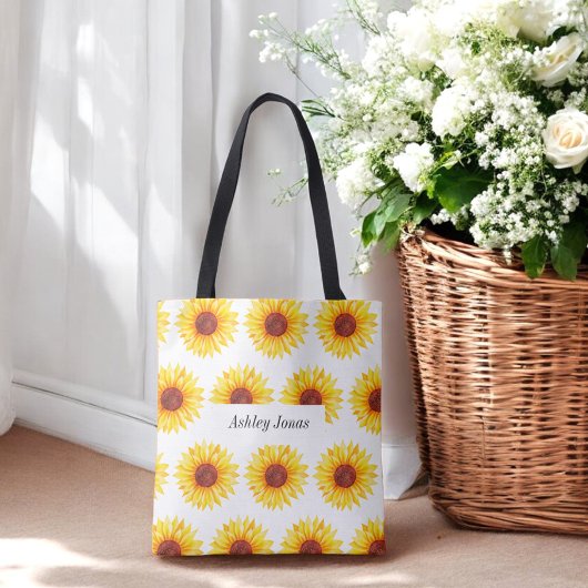 Tote Bag Tournesol jaune Floral blanc