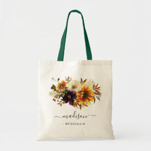 Tote Bag Tournesol rustique Floral Aquarelle Nom Bridesmaid