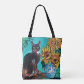 TOTE BAG TOURNESOLS AVEC CHAT NOIR EN TURQUOISE BLEU (Dos)