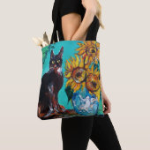 TOTE BAG TOURNESOLS AVEC CHAT NOIR EN TURQUOISE BLEU (De près)