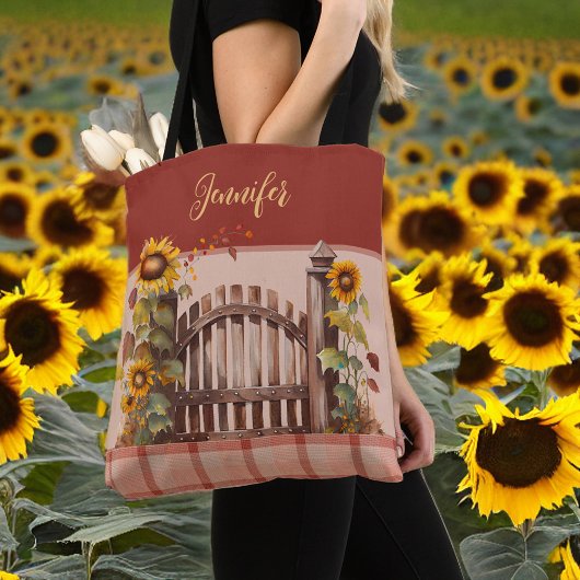Tote Bag Tournesols d'automne sur la clôture Rust Plaid et