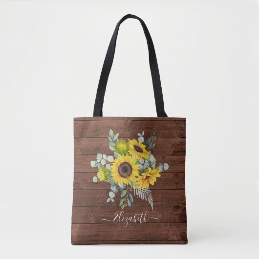 Tote Bag Tournesols Floraux Aquarelle en Bois Rustique (Devant)