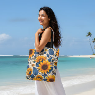 Tote Bag Tournesols Vintage Fleurs Bleu Marine