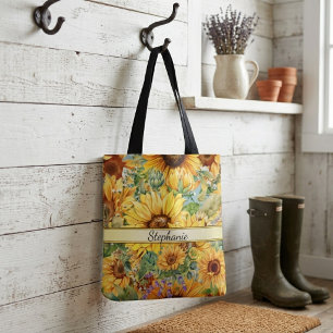 Tote Bag Tournure de tournesols aquarelle de style vintage