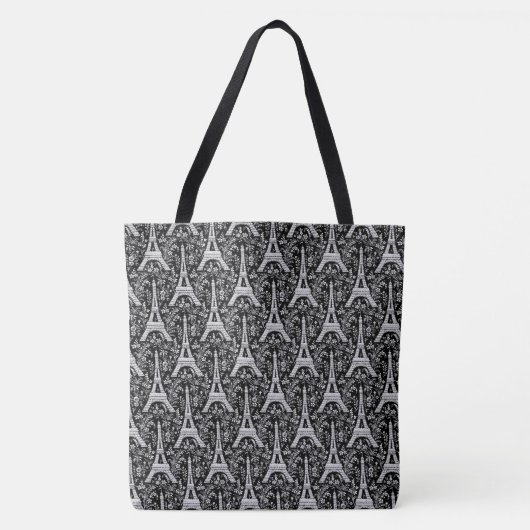 Tote Bag Tours Eiffel et fleurs Noir (Devant)