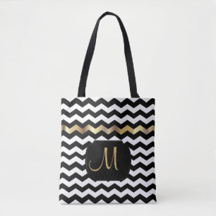 Tote Bag Tout sur impression Gold, Blanc et Noir Chevron De