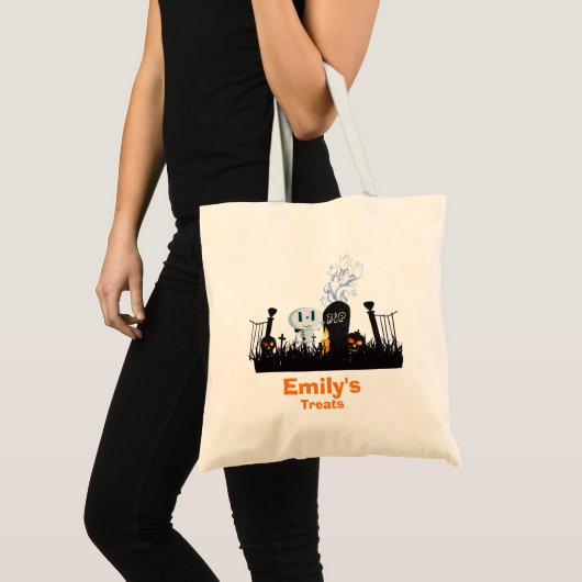 Tote Bag Trace ou traitement Halloween Graveyard mignon Squ (Devant (produit))
