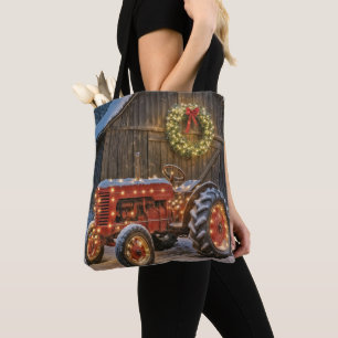 Tote Bag Tracteur agricole rouge de Noël avec couronne lumi
