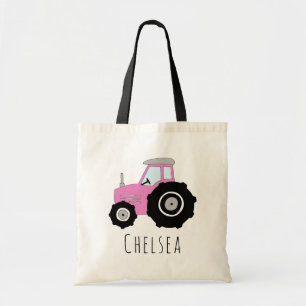 Tote Bag Tracteur et nom de ferme rose pour petite fille