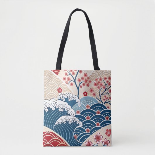 Tote Bag Traditional Red Blue Japanese Wave Sakura Pattern (Devant)