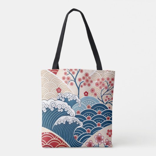 Tote Bag Traditional Red Blue Japanese Wave Sakura Pattern (Dos)