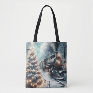 Tote Bag Train à l'ancienne et scène d'hiver Vintage