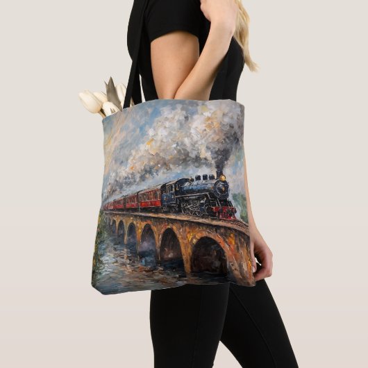 Tote Bag Train à vapeur sur un pont - Peinture à l'huile (De près)