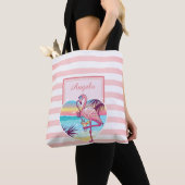 Tote Bag Trandy Striped, Flamant rose, Cocktail -Personnali (De près)