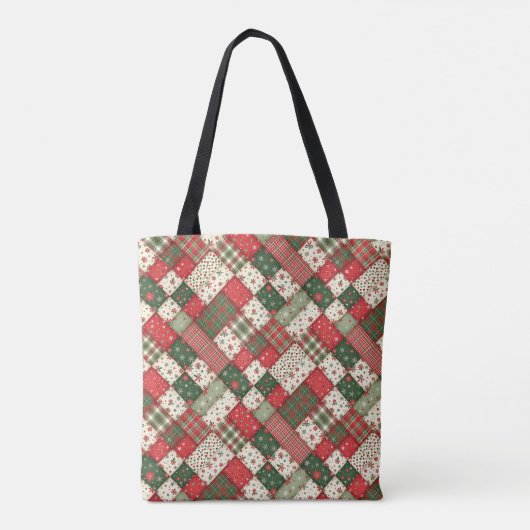 Tote Bag Tree pattern christmas  patchwork green red name (Dos)