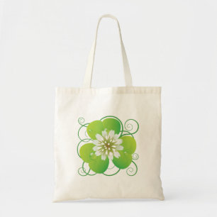 Tote Bag Trèfle à quatre feuilles vert avec floraison blanc