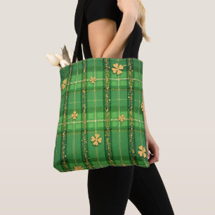 TOTE BAG TRÈFLES VERTS À CARREAUX AVEC UN REFLET PAILLETÉ O