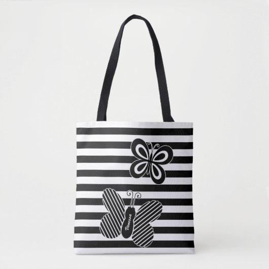 Tote Bag Trendy Black and White Butterfly Stripes avec nom (Devant)