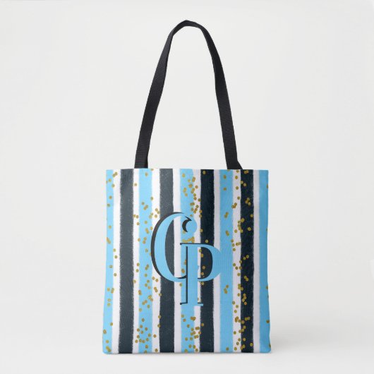 Tote Bag Trendy Blue Stripe Gold Parties scintillant Monogr (Devant)